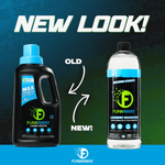 Graphic comparing FunkAway old black jug packaging with new clear bottle, labeled “NEW LOOK!” and FunkAway logo