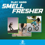 Promotional collage with action photos (skateboard, hiking, child biking) and headline “PLAY HARD SMELL FRESHER” plus FunkAway logo