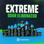 Promotional graphic showing a lineup of FunkAway odor-eliminator products with 'Extreme Odor Eliminator' headline