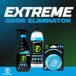 Product lineup graphic showing Funkaway spray, laundry booster bottle and packaged blue odor-eliminating puck