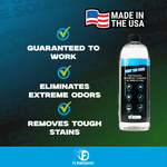 Promotional panel showing FunkAway bottle with checkmarks claiming guaranteed to work and eliminates extreme odors, plus Made in USA flag