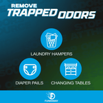 Informational graphic reading 'Remove Trapped Odors' with icons for laundry hampers, diaper pails and changing tables