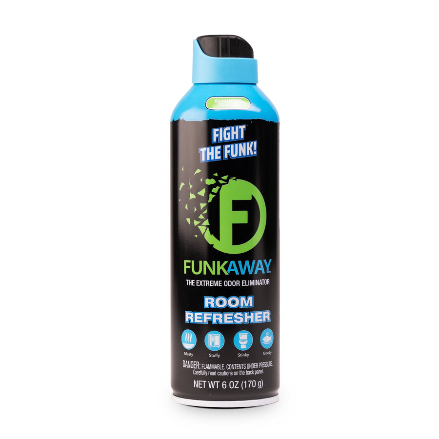 Tall black and blue FunkAway room refresher aerosol can with green logo and front label on white background.