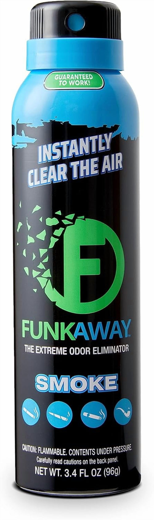 Close-up of a FunkAway Smoke aerosol can with blue cap and bold branding