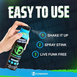 Hand holding a FunkAway Smoke spray can with text overlay instructions: shake, spray, live funk free