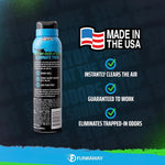 FunkAway Smoke can back view with callouts reading 'Made in the USA' and three product benefit checkmarks