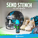 FunkAway Sport aerosol can displayed in a locker-room styled scene with helmet and cleats and headline “SEND STENCH”