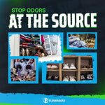 Promotional collage showing messy closets, laundry and shoes with headline 'Stop odors at the source' and FunkAway logo