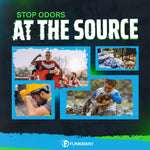 Illustrated marketing poster with multiple activity photos and bold headline “STOP ODORS AT THE SOURCE” with FunkAway logo