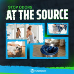 Graphic collage titled “Stop Odors At The Source” showing bathroom, trash and pet images with FunkAway branding.
