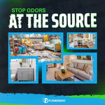 Collage titled “Stop Odors At The Source” featuring messy playroom, kitchen, bathroom and living room photos and FunkAway logo.