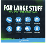 Informational panel listing uses for FunkAway with icons for shoes, sports gear, pet stuff, mats and car interiors