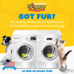Promotional graphic with washing machines and pets showing FurZapper in drums and headline 'GOT FUR?' on bright yellow background