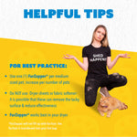 Helpful tips graphic featuring a woman in a 'SHED HAPPENS' shirt, a cat, and usage bullet points for the FurZapper product