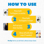 Instruction graphic titled 'HOW TO USE' with four numbered steps and small icons showing placing FurZappers in washer and dryer