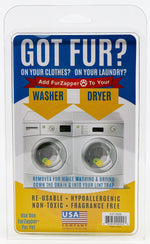 Blister pack back card art reading 'GOT FUR?' with illustrations of washer and dryer showing FurZapper devices in drums and feature callouts