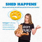 Lifestyle infographic with woman holding a cat and thought bubble showing a yellow FurZapper paw-shaped device and explanatory text