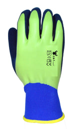 Close-up of G & F lime green backhand with certification markings on a navy-coated glove