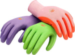 Three colorful G & F women's garden gloves in pink, purple and green fanned together on white background