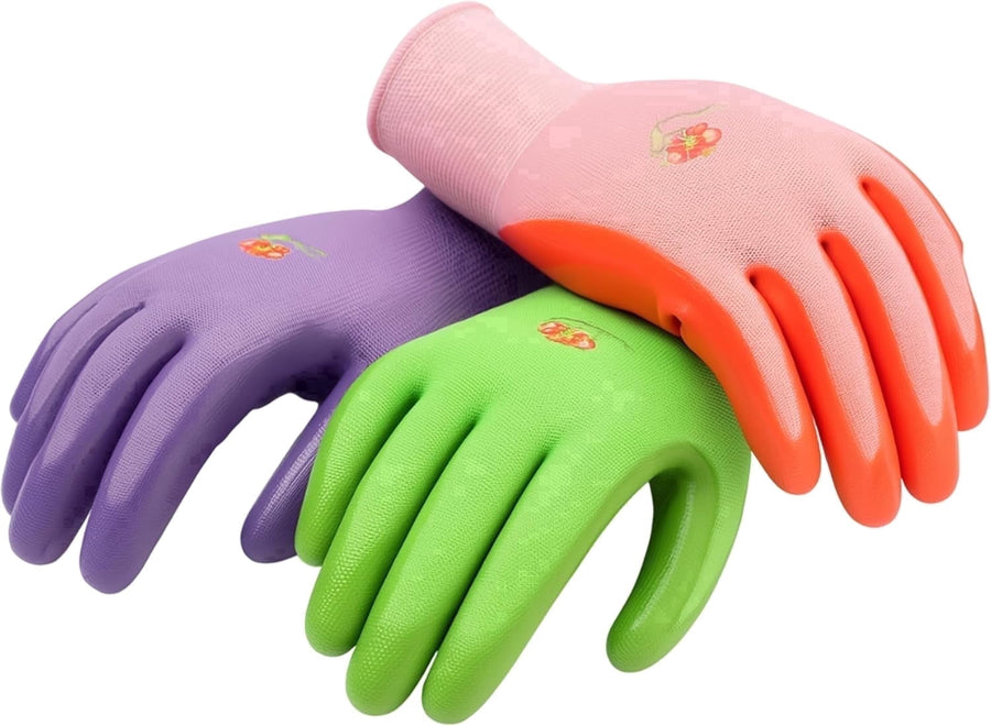 Three colorful G & F women's garden gloves in pink, purple and green fanned together on white background