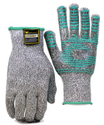 Two gray cut-resistant gloves, one showing palm grip with teal pattern and brand label on cuff