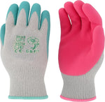 Pair of G & F gardening gloves, one with teal rubber-coated palm and one with pink palm on grey knit backs.
