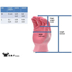Measurement infographic showing glove dimensions and a pink G & F glove with arrows and a size table