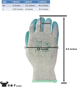 Measurement infographic showing a single G & F grey knit glove with teal-coated fingertips and size dimensions.