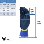 G & F gardening glove displayed with measurement overlays and size chart showing finger length, width, and overall length