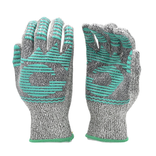 Pair of gray knit protective gloves with teal non-slip grip lines shown palm-up and palm-down
