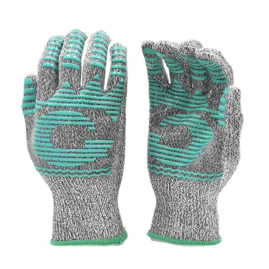 Pair of gray knit protective gloves with teal non-slip grip lines shown palm-up and palm-down