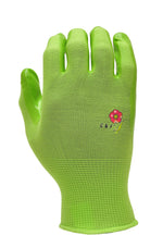 Single green G & F knit garden glove shown palm down with small floral G & F logo visible on the back