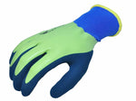 Single G & F green-backed gardening glove with navy foam-coated palm angled on a white background