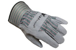 G & F kids work glove angled to show grey suede palm, reinforced thumb and striped wrist cuff