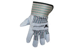 Single G & F kids glove on white background showing suede palm, striped fabric back and logo patch