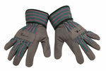 Two G & F kids work gloves laid flat showing grey suede palms and green-pink striped fabric backs