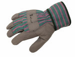 Isolated G & F kids suede work glove showing full palm, fingers and green-pink striped cuff