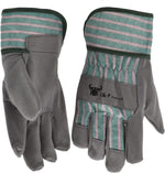 Pair of G & F kids suede work gloves with grey leather palms and green-pink striped cotton cuffs