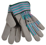 Stacked G & F kids suede gloves emphasizing grey leather palm and striped cotton cuff detail