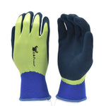 Pair of G & F lime green and navy coated gardening gloves shown palm and back views on white