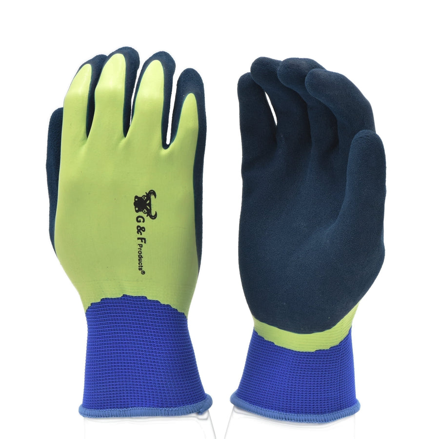Pair of G & F lime green and navy coated gardening gloves shown palm and back views on white