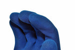 Close-up macro view of navy foam-coated fingertips of a G & F gardening glove on a white background