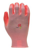 Pink G & F women's garden glove displayed palm down with orange-dipped fingers and floral logo on the back