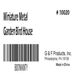Product label showing text 'Miniature Metal Garden Bird House', barcode, G & F Products company name and item number