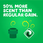 Green graphic stating '50% more scent than regular Gain' with detergent pac and scent swirl illustrations