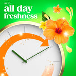 Graphic clock and orange hibiscus flowers with copy ‘all day freshness’ promoting Gain island fresh scent