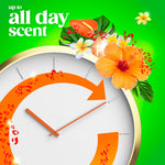 Clock graphic with floral accents and text 'up to all day scent' on a green background promoting Gain fragrance longevity
