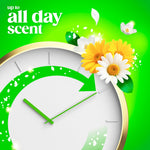 Illustration of a clock with daisies and text 'up to all day scent' on a green background