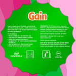 Green scalloped back label showing Gain logo, usage instructions, ingredients and safety icons