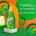 Gain Ultra Clean dish soap bottle on stylized orange-green background with marketing checklists